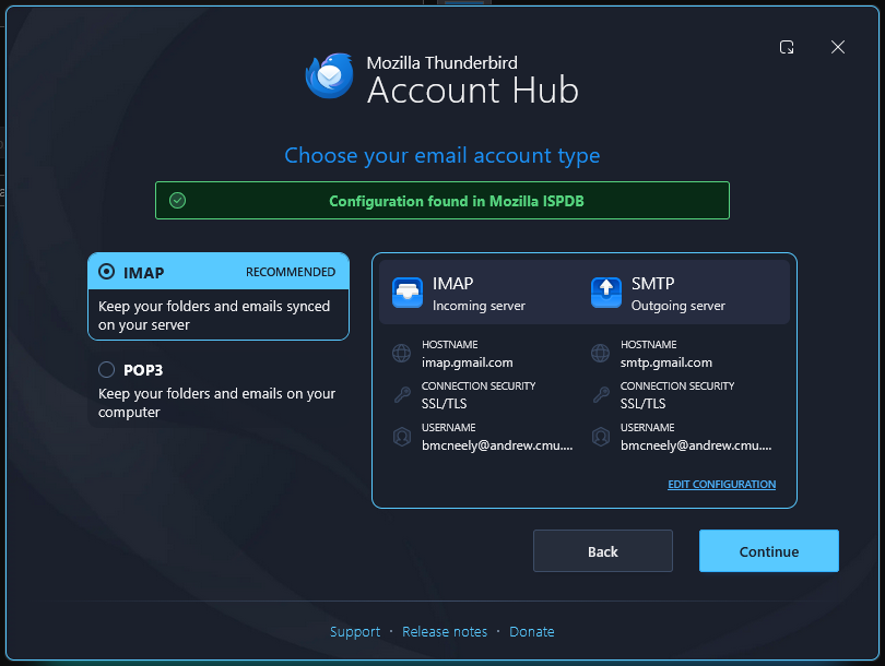 IMAP configuration screen with the option to select the Continue button.