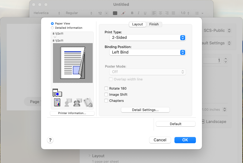 Screenshot of options at print - selection of Layout and Finish