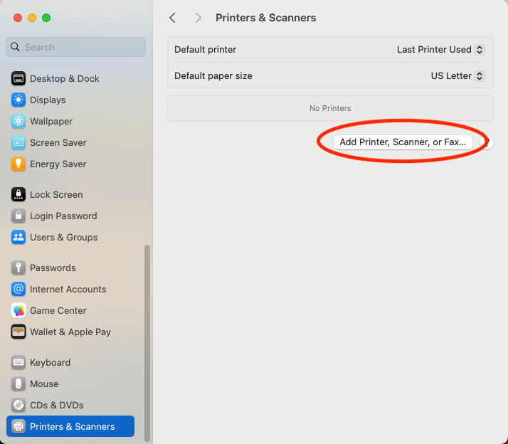 Screenshot of Printers and Scanners click on plus sign to add